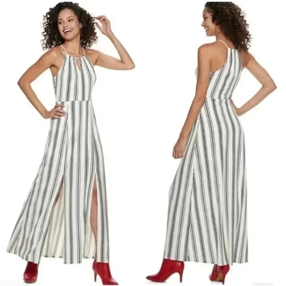 Candie’s Women’s Striped Blk/Wht Keyhole Halter Slit Bottom Maxi Dress SZ XS